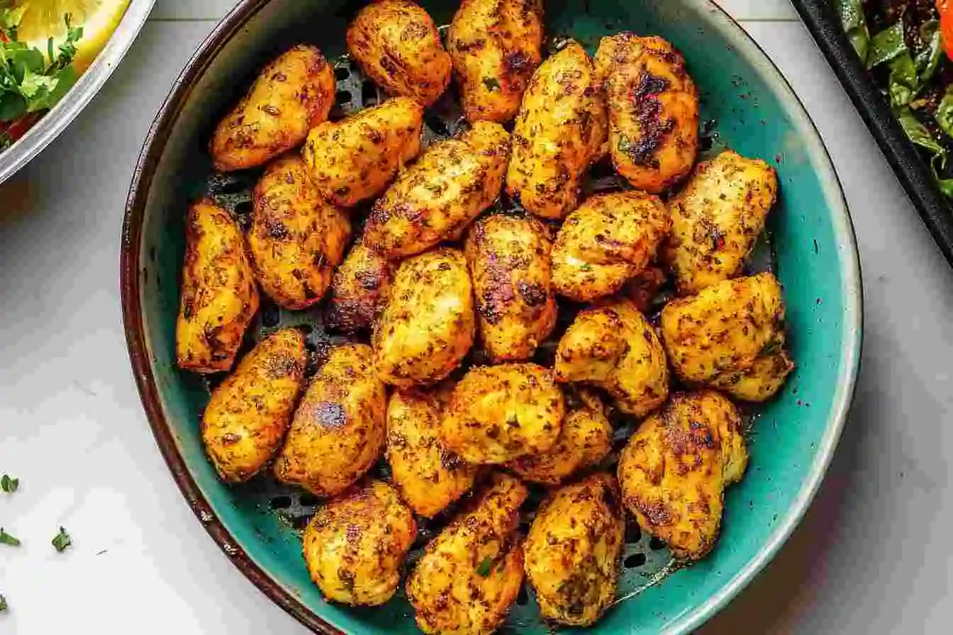 Quick and crispy air fryer chicken bites served with dipping sauces