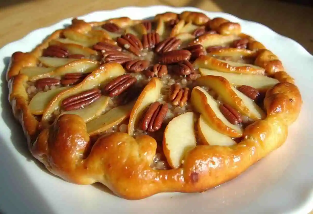 Apple and Pecan Danish Pastry Tart with flaky golden puff pastry, sweet apple slices, and crunchy pecans drizzled with glaze