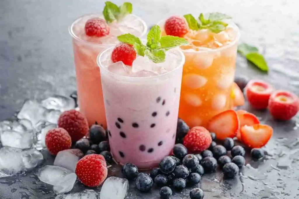 A close-up of tapioca pearls in a boba smoothie