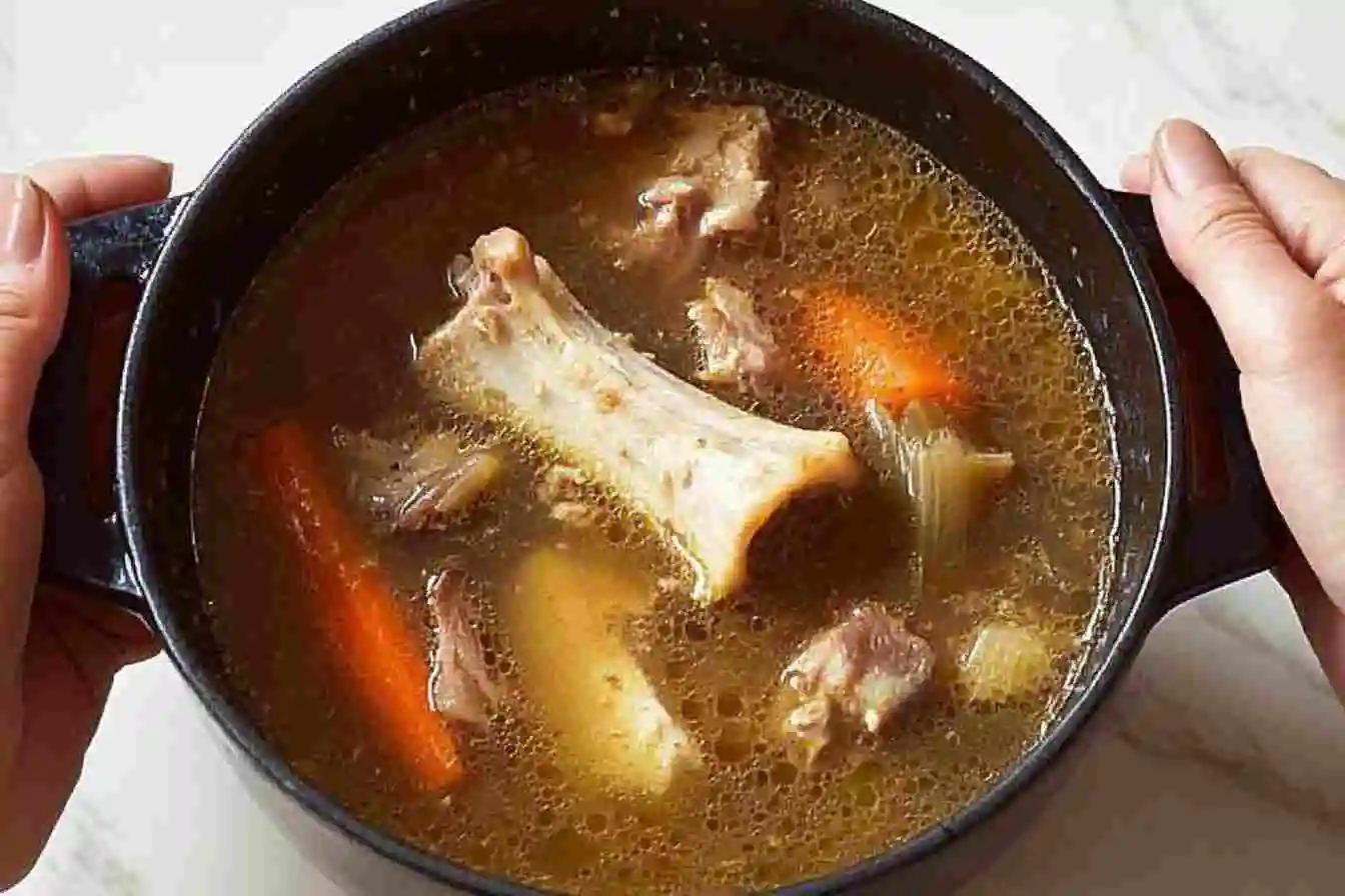 Homemade soup bone broth simmering in a pot with fresh vegetables.