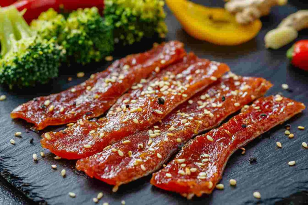 Salmon jerky added to stir-fry with vegetables and grains, creating a protein-packed and flavorful meal