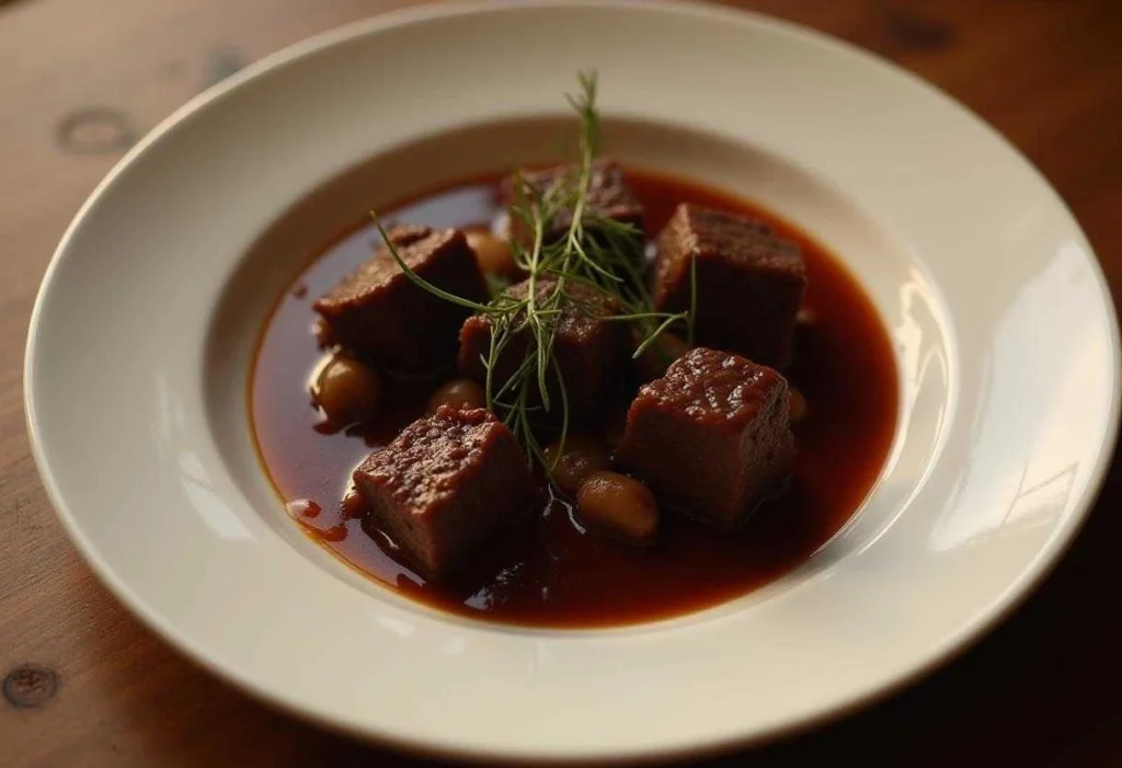 Tender braised beef cheeks in red wine sauce with vegetables and herbs.