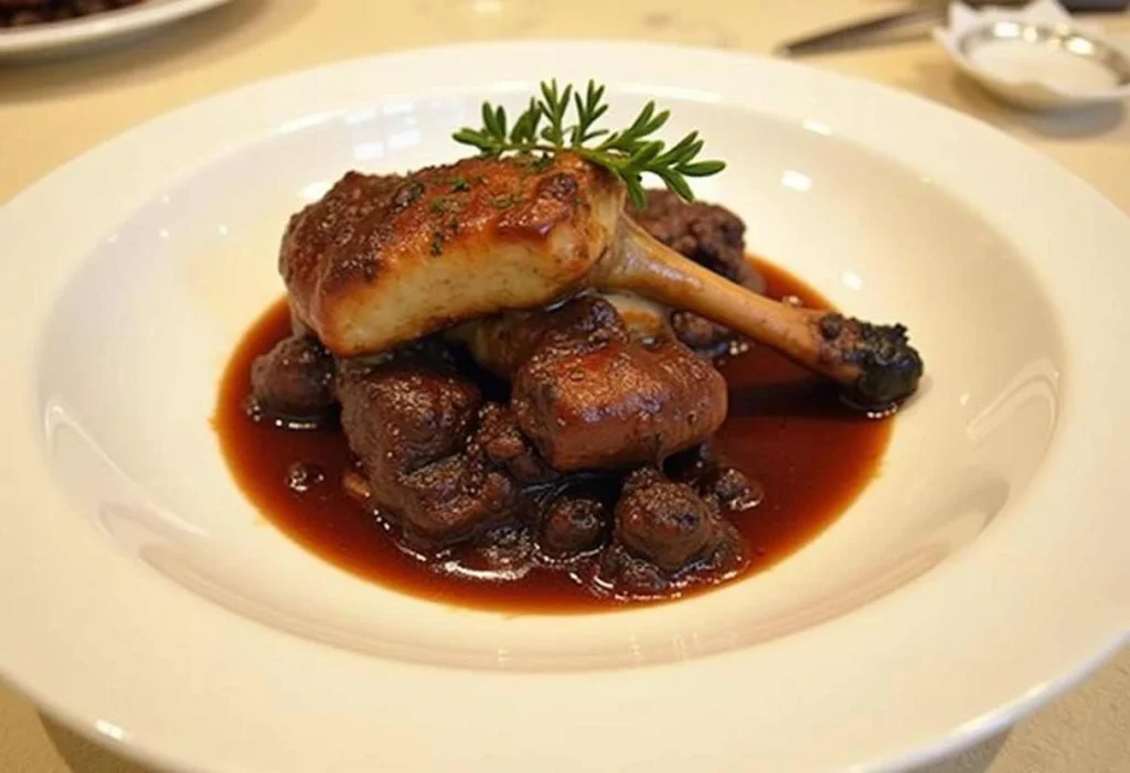 Braised sandhill crane in red wine sauce, served with vegetables for a rich, savory dish.