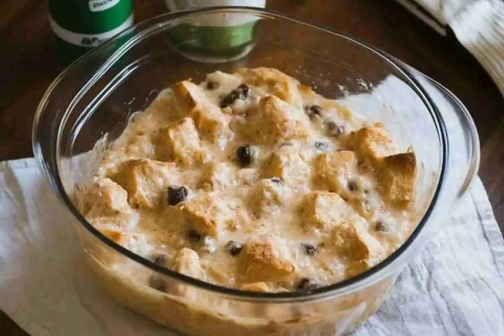 Step-by-step process of making bread pudding with rum sauce: cubing bread, mixing custard, baking, and pouring rich rum sauce