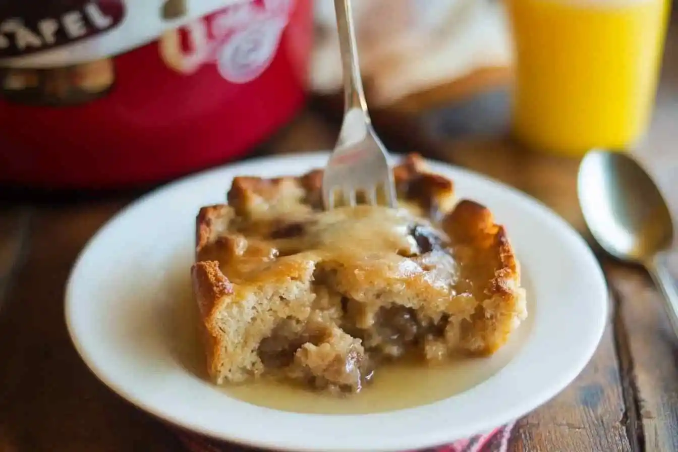 Delicious homemade bread pudding with rich rum sauce