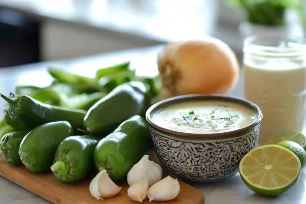 Fresh jalapenos, garlic, and onions ready to be chopped for cream of jalapeno soup