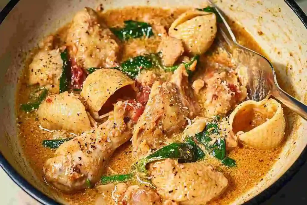 A pot of creamy marry me chicken soup with tender chicken, sundried tomatoes, and fresh basil, simmering for a flavorful and comforting dish.