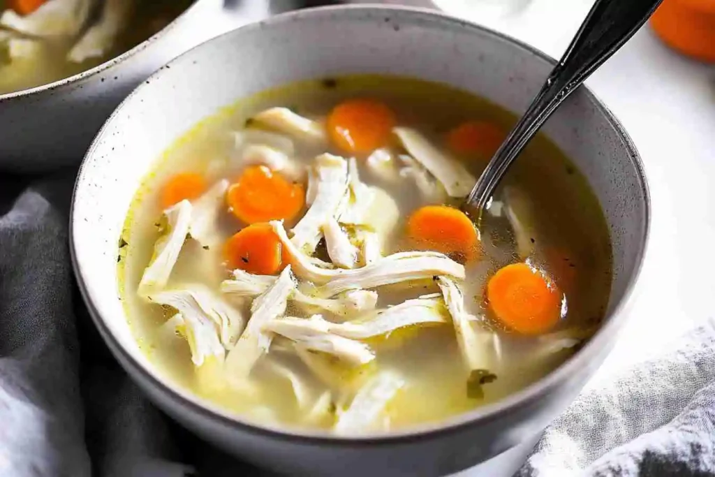 Homemade chicken soup made with nutritious chicken soup bones, vegetables, and herbs.