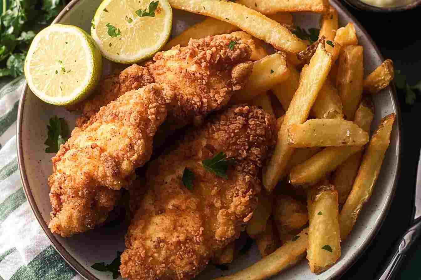 A plate of crispy chicken tenders and golden fries served with dipping sauces, perfect for a homemade comfort food meal