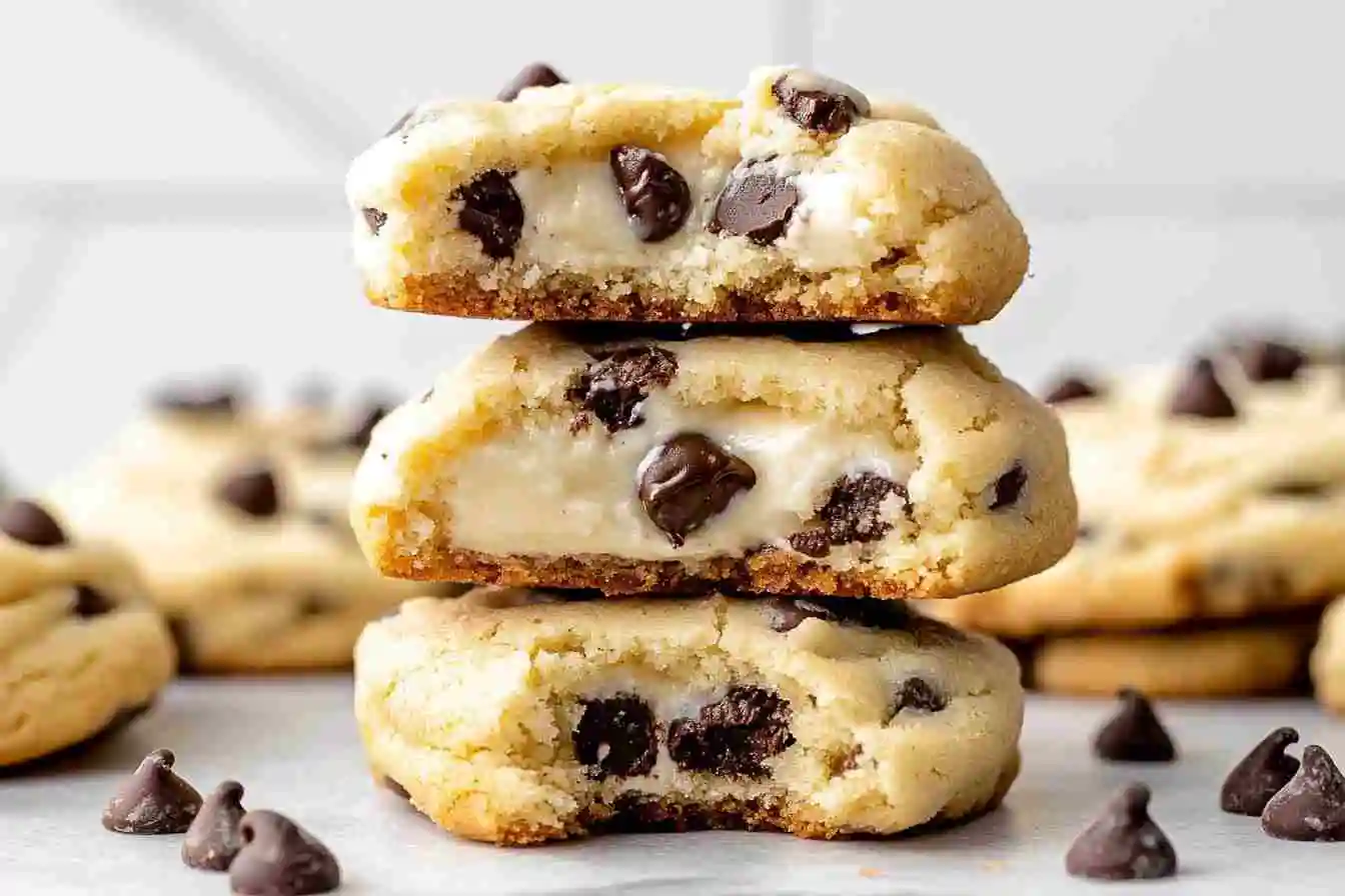 Delicious chocolate chip cheesecake cookies with a soft, chewy texture and rich chocolate chips.