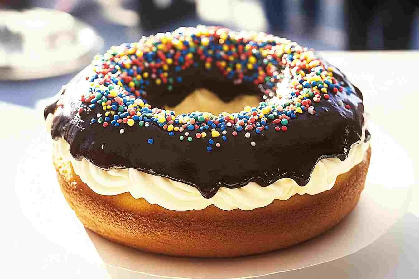 Donut cake with colorful sprinkles and frosting, perfect for a birthday celebration.