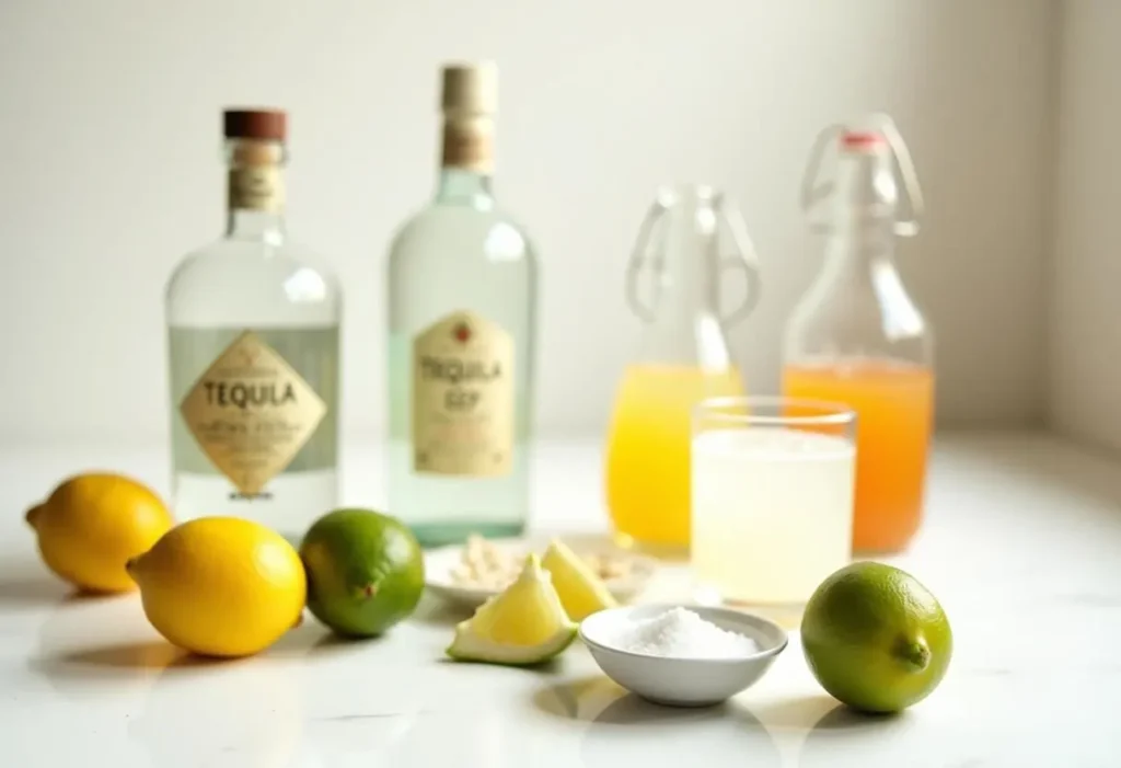 Ingredients for the Lemon San Diego Cocktail: fresh lemon, tequila, triple sec, soda water, salt (for rimming), and lime for garnish.