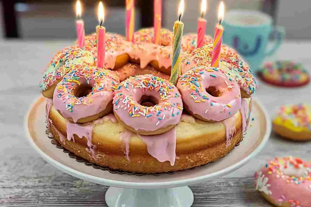 Colorful donut cake with sprinkles and birthday candles, perfect for a festive celebration.