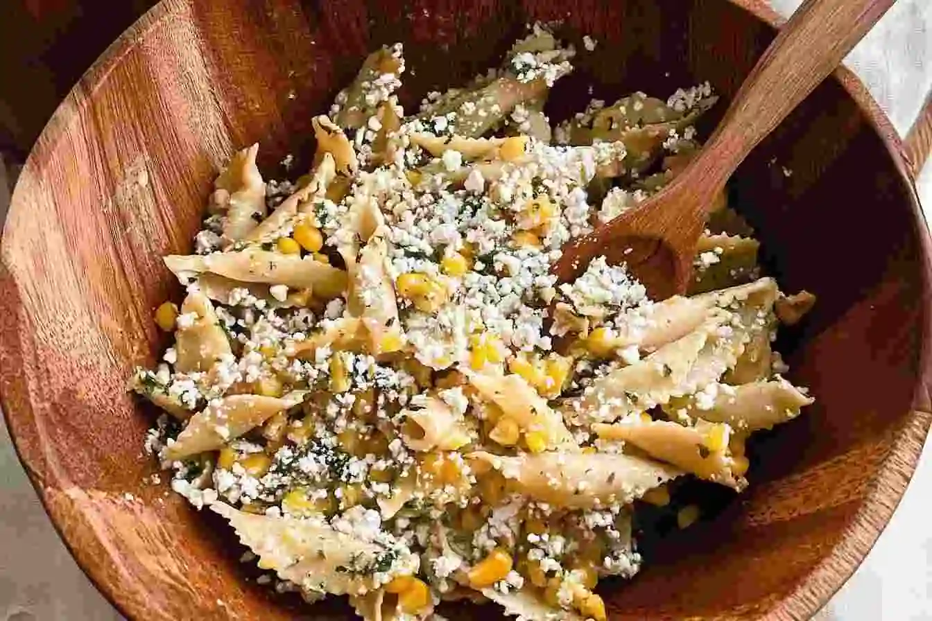 Elote pasta salad with creamy dressing, corn, cheese, and chili powder, served in a bowl.