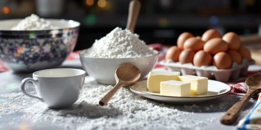 Essential ingredients for making a chocolate strawberry Christmas cake, including flour, sugar, cocoa powder, eggs, and butter