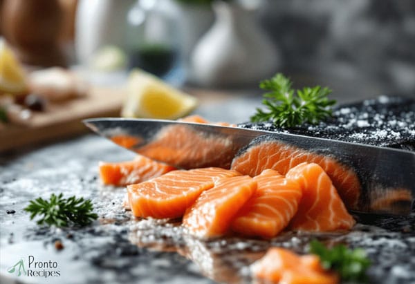 Essential tools for making salmon sashimi, including a sharp sashimi knife, cutting board, soy sauce, and garnishes like wasabi and pickled ginger.