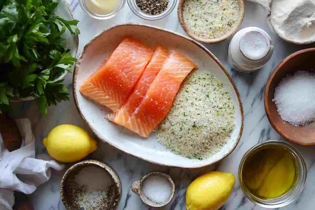 Ingredients for quick and easy salmon fries including fresh salmon, panko breadcrumbs, garlic powder, paprika, olive oil, and lemon.