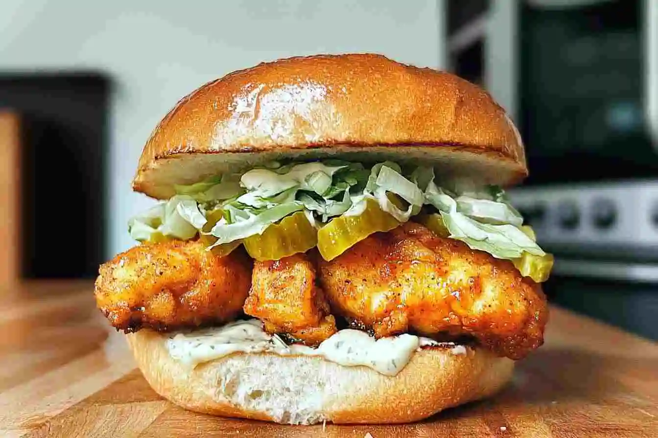 Hot honey chicken sandwich with crispy fried chicken, sweet and spicy hot honey sauce, and fresh toppings.