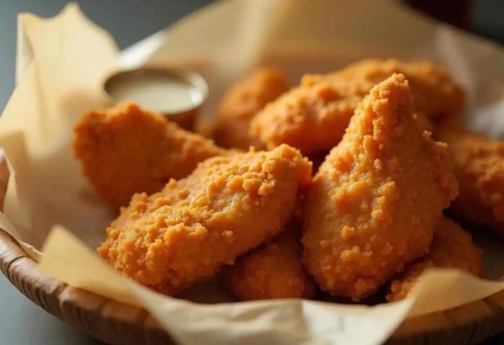 Step-by-step preparation of hot honey chicken tenders: marinating chicken, coating with breadcrumbs, frying to golden perfection, and glazing with hot honey.