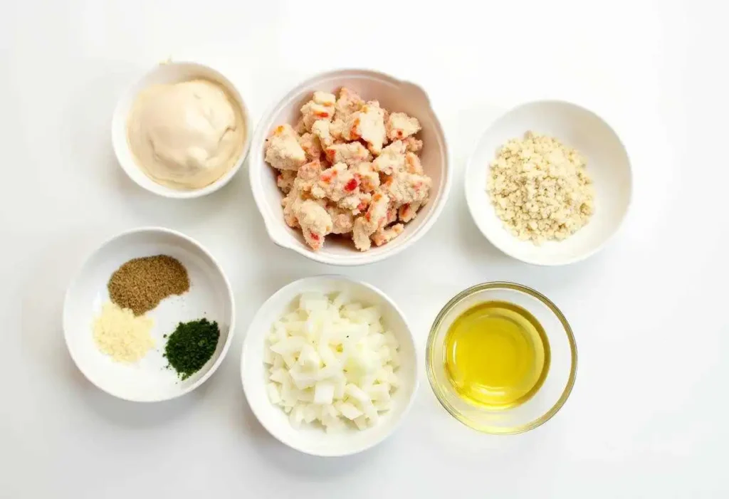 Ingredients for crab balls recipe including lump crab meat, breadcrumbs, eggs, mayonnaise, Dijon mustard, and fresh herbs arranged on a table.