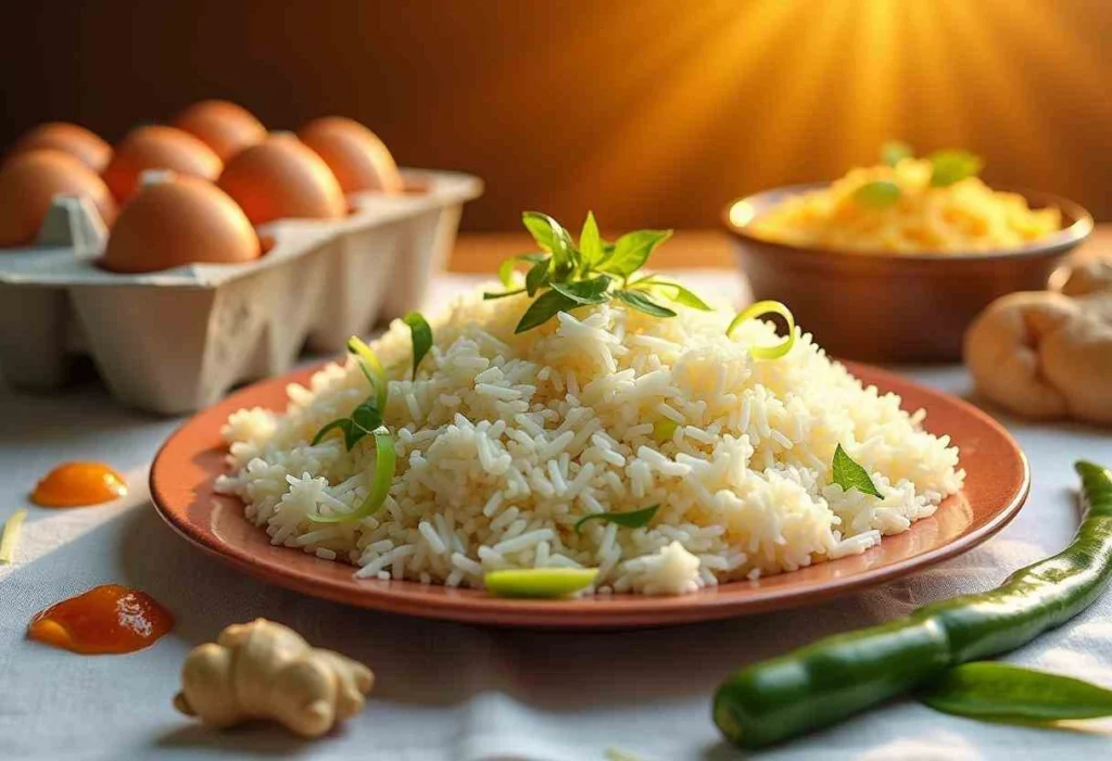 A collection of ingredients for egg fried rice, including basmati rice, eggs, curry leaves, green chilies, spring onions, and spices, neatly arranged on a countertop