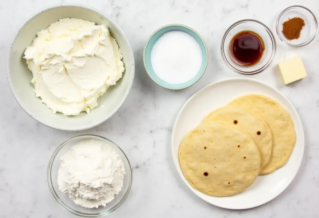 Ingredients for Xango dessert: cream cheese, flour, cinnamon, sugar, egg roll wrappers, and oil