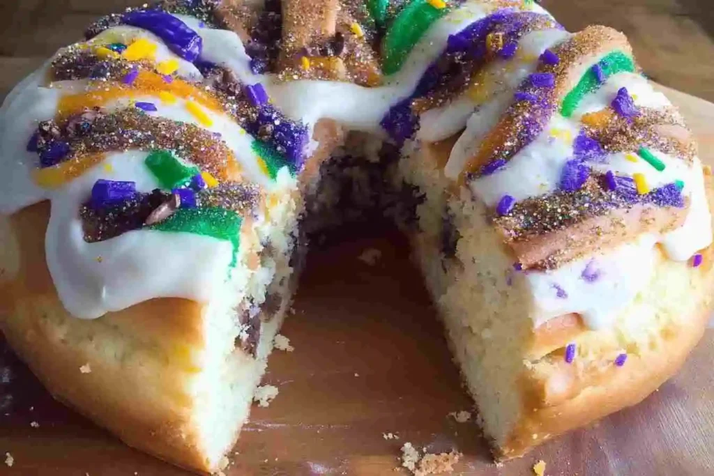 A beautifully decorated Mardi Gras King Cake, featuring colorful icing in purple, green, and gold, with a festive design and a hidden baby figurine inside.
