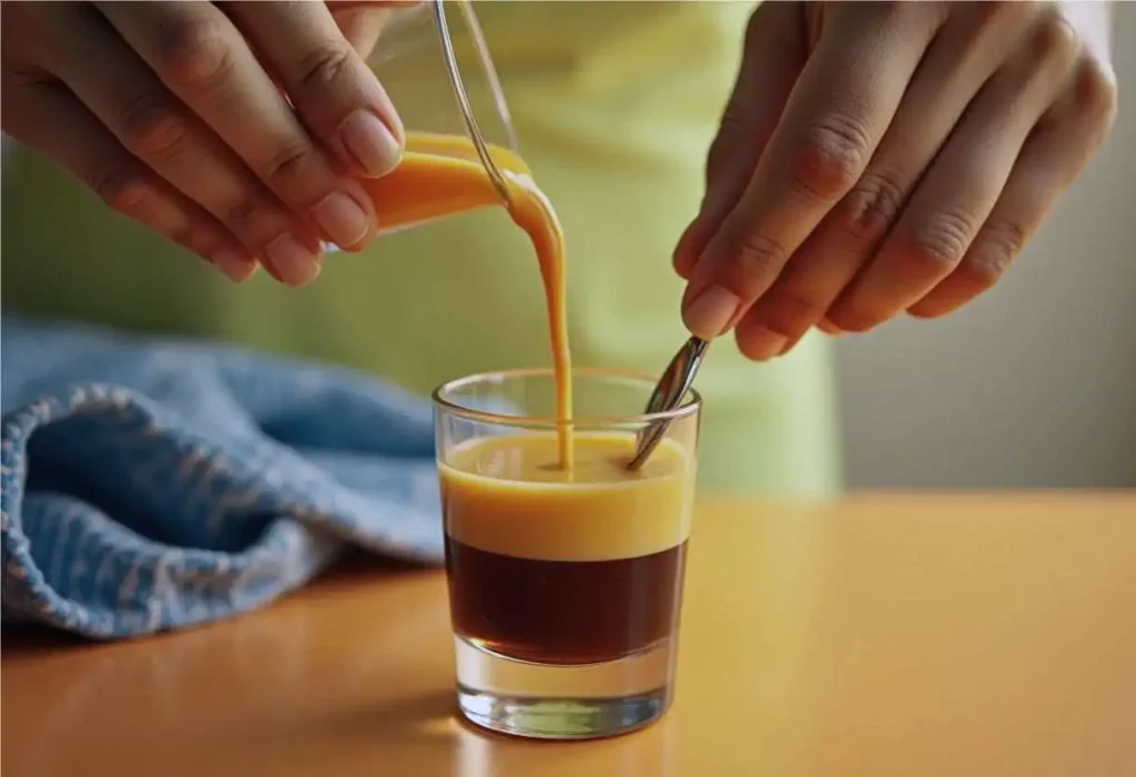 Step-by-step process of making a buttery nipple cocktail: pouring butterscotch schnapps, layering Irish cream with a bar spoon, and garnishing with whipped cream or caramel syrup