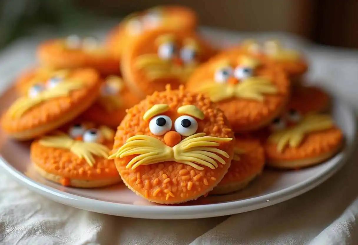 Colorful Lorax Cookies decorated with orange frosting and sprinkles
