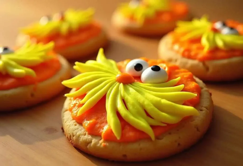 Decorating Lorax Cookies with vibrant frosting and sprinkles for a fun and colorful finish.