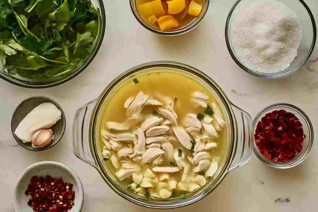 Ingredients for marry me chicken soup, including chicken breast, heavy cream, sundried tomatoes, fresh basil, garlic, and chicken broth.