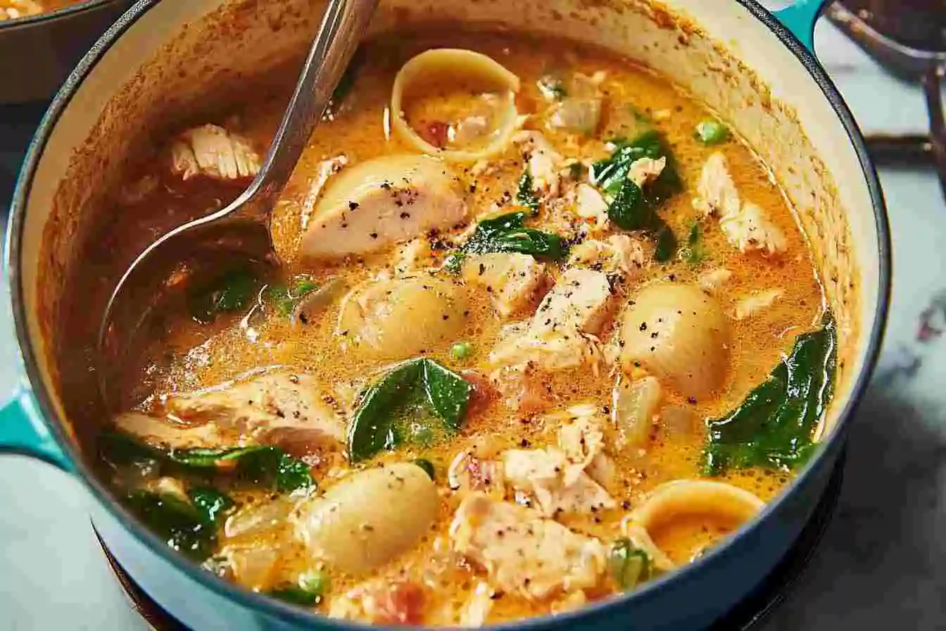 A bowl of creamy marry me chicken soup with tender chicken, sundried tomatoes, and fresh basil, served as the ultimate comfort food.