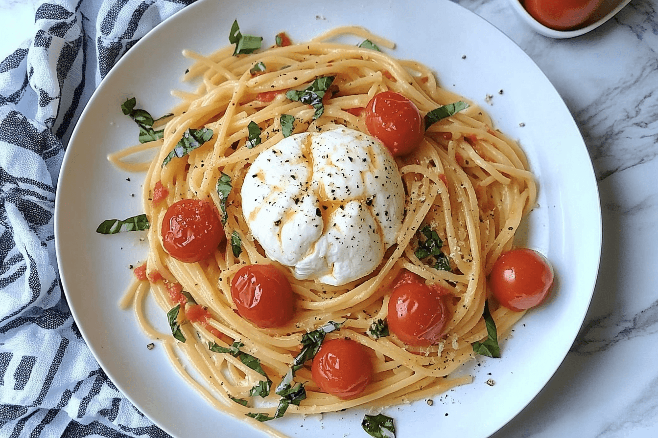 Classic burrata pasta with creamy cheese and fresh basil.