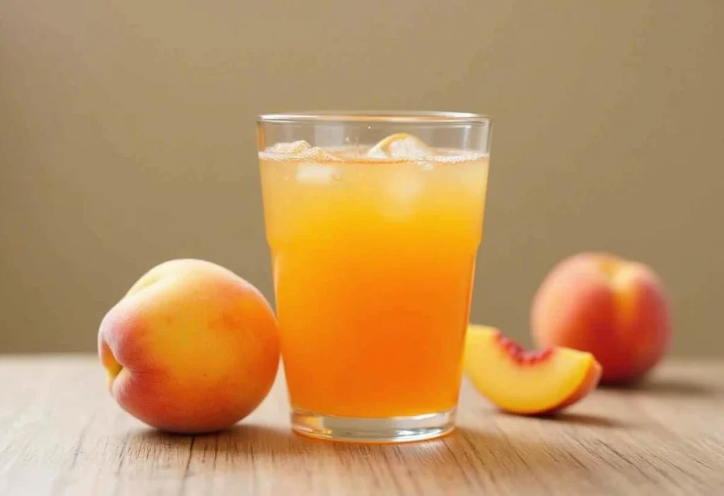 Ingredients and instructions for a refreshing peach detox drink, featuring peach juice, cucumber, mint, and lemon.