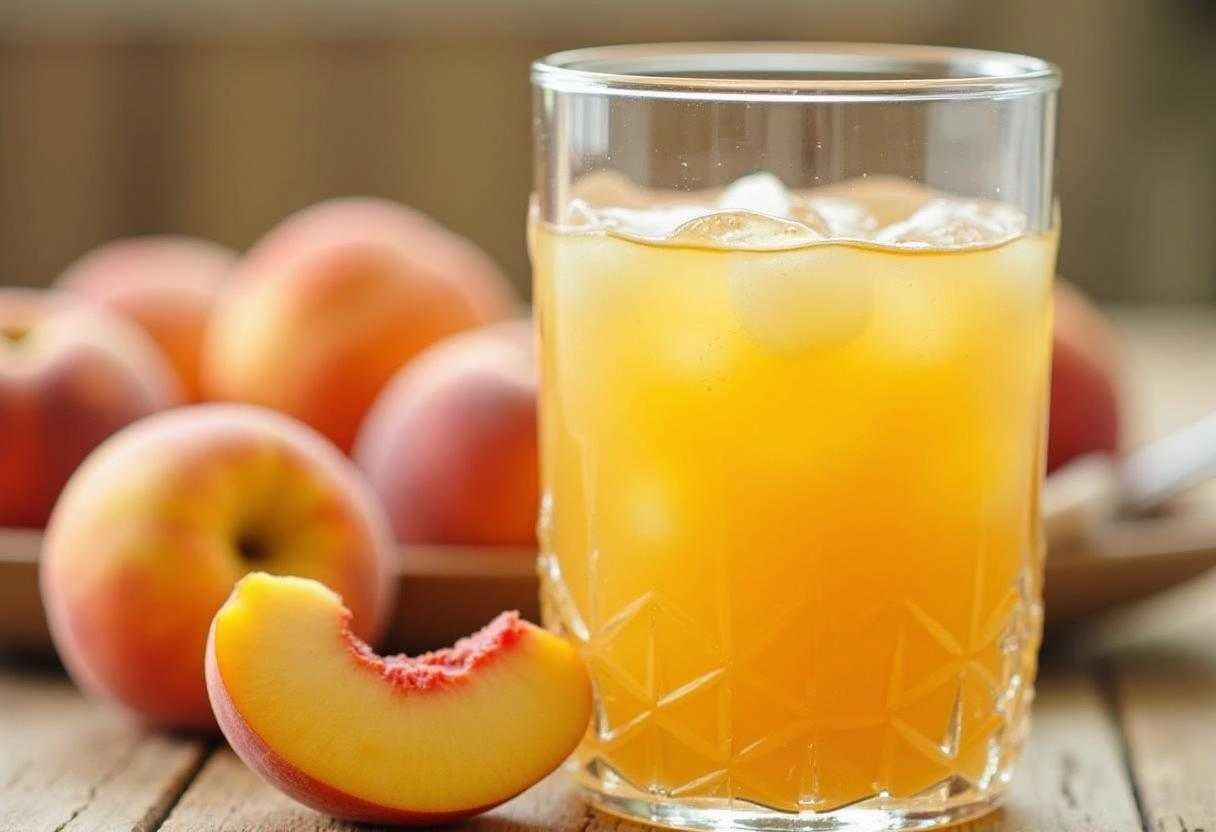 reshly made peach juice in a glass with ripe peaches and mint leaves.