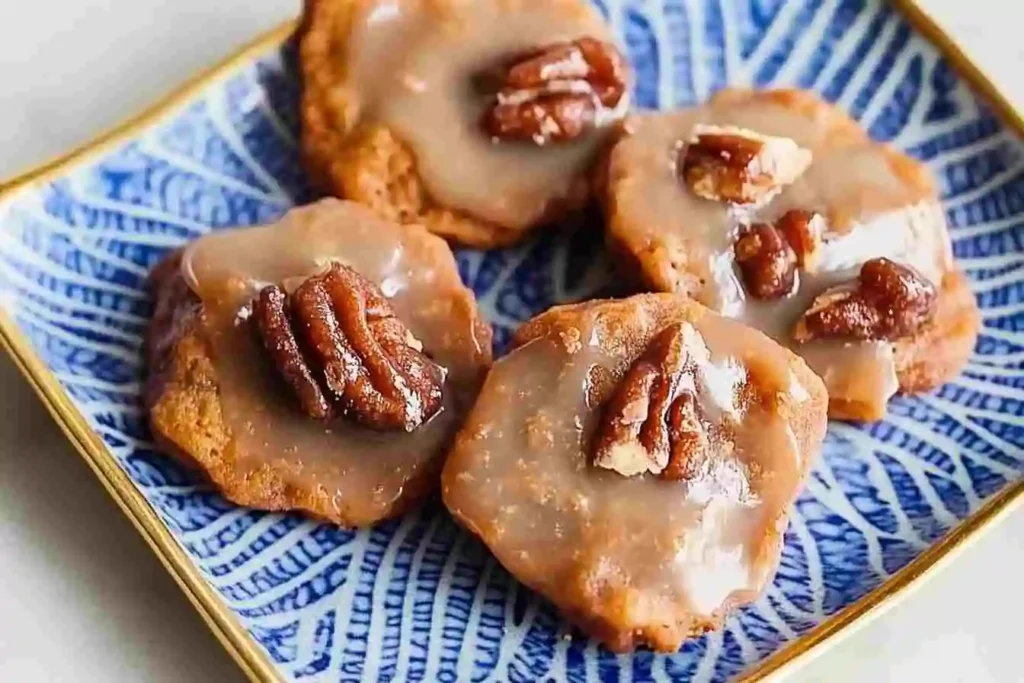 A close-up of delicious homemade pralines, with a glossy caramelized coating and crunchy texture, set on a parchment paper