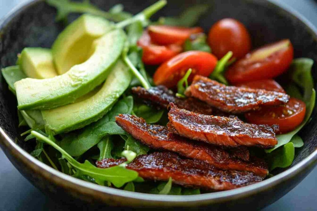 Fresh salad with mixed greens and colorful vegetables, topped with a protein-rich topping for added flavor