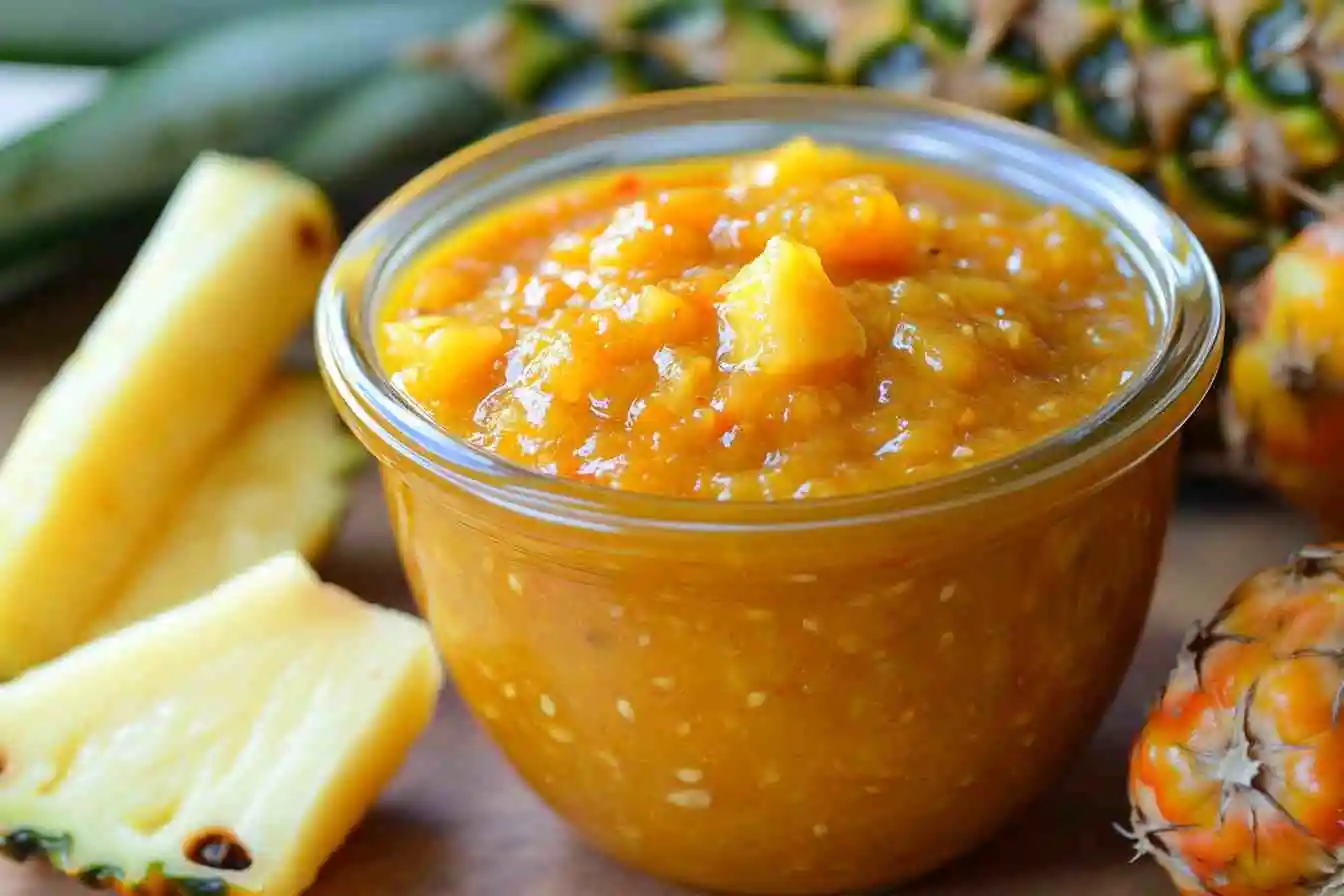 Homemade pineapple ghost peppers sauce with a blend of sweet pineapple, fiery ghost peppers, and tangy lime.