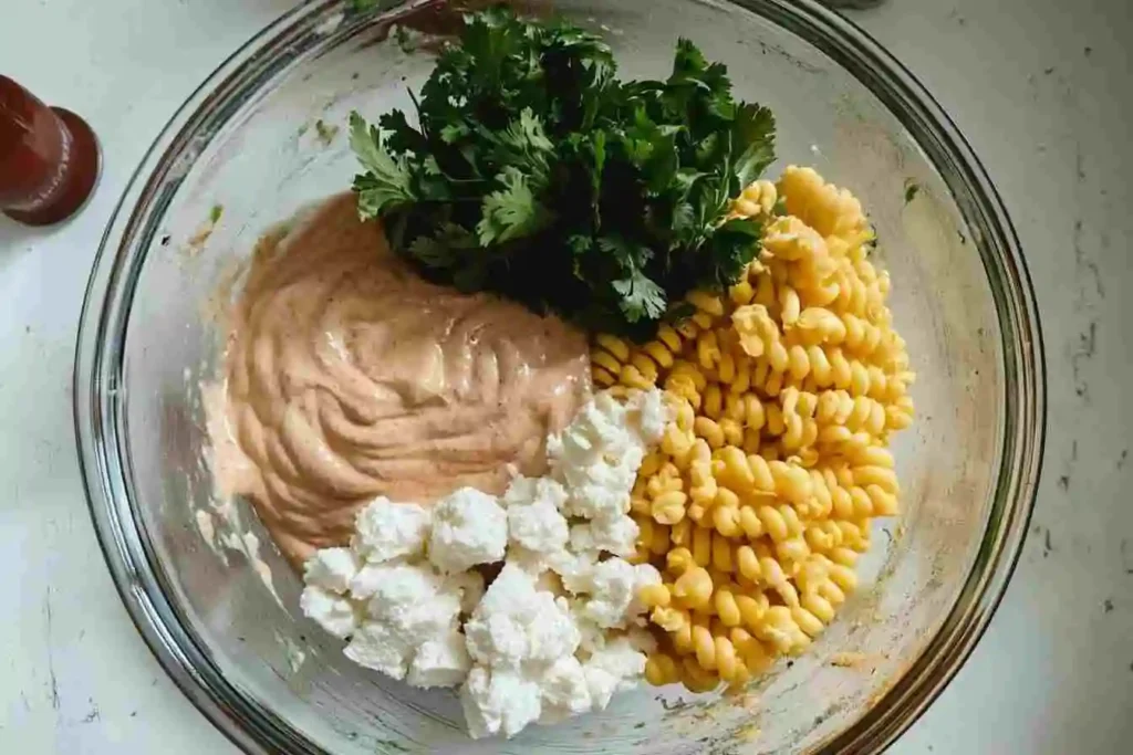 Step-by-step process of making elote pasta salad: cooking pasta, grilling corn, preparing the creamy dressing, and combining ingredients.