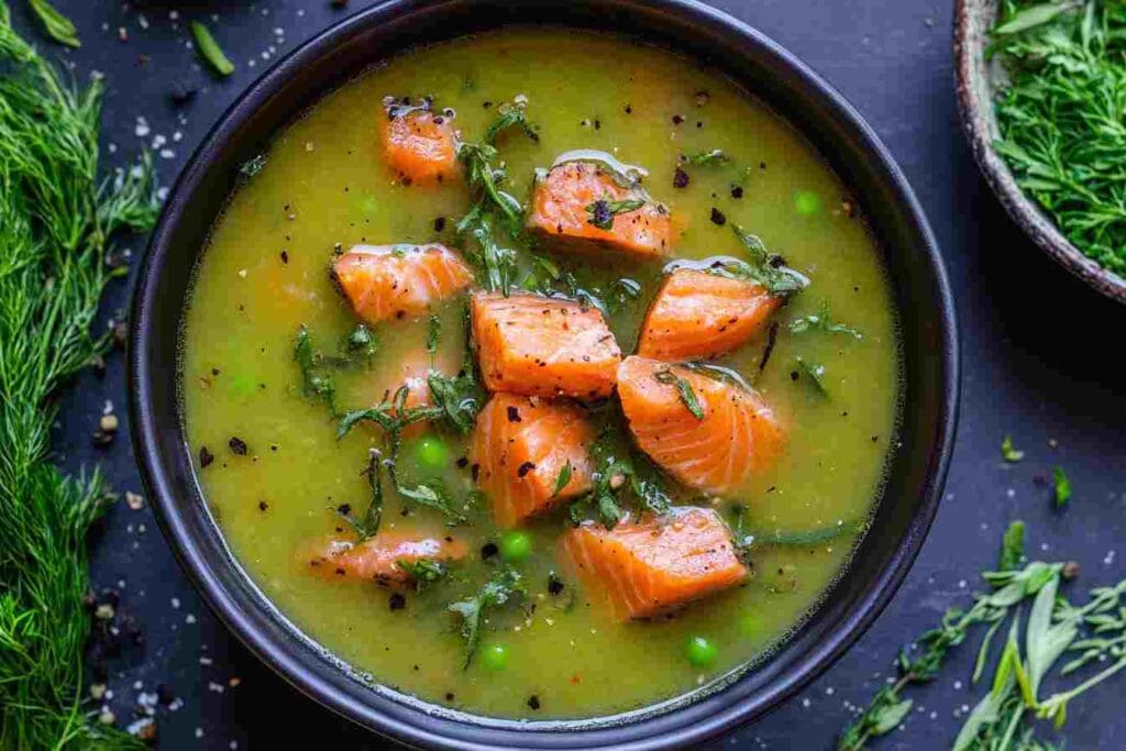 Homemade soup with pieces of salmon jerky, adding a rich, savory flavor to the dish