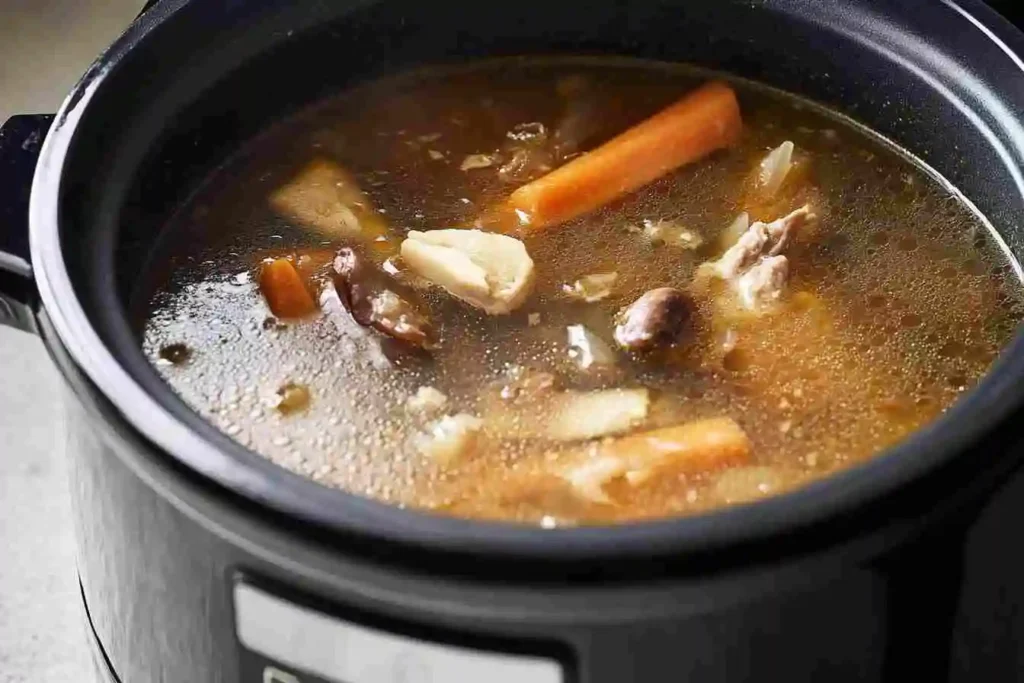 Hearty beef soup made with flavorful beef bone broth, carrots, onions, and herbs, served hot in a bowl.