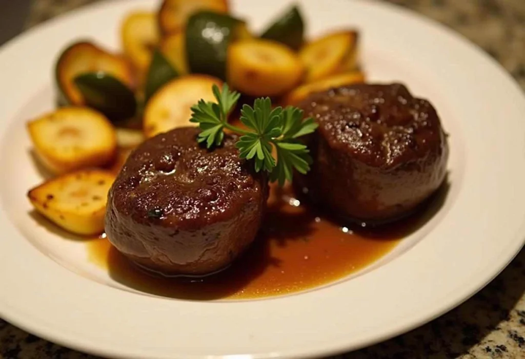 Sous-vide beef cheeks served with perfectly roasted vegetables.