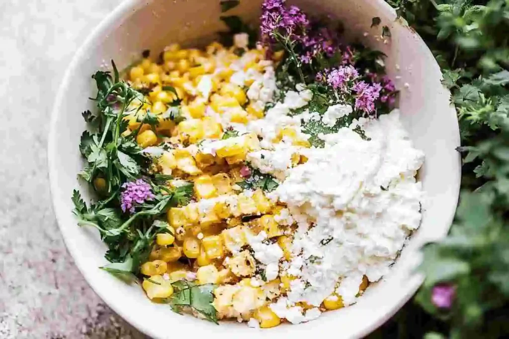 Assembling a Street Corn Chicken Rice Bowl with rice, grilled chicken, street corn, and fresh cilantro.