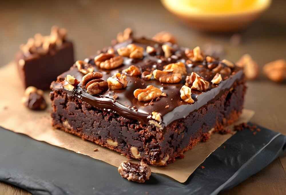 Fudgy walnut brownies with a crunchy walnut topping