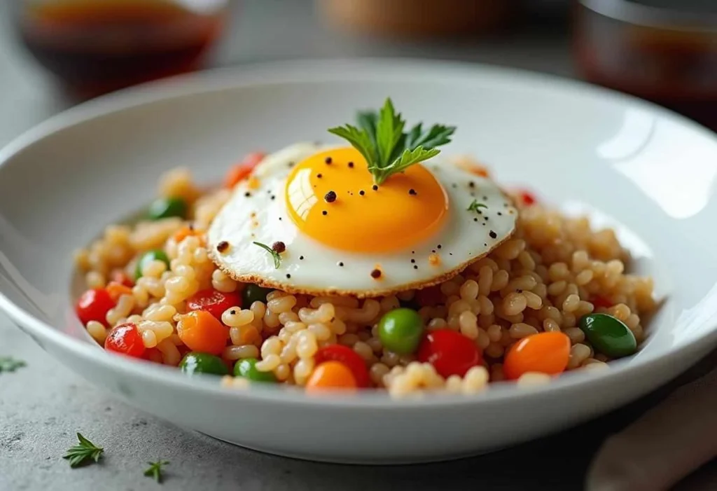 Close-up of flavorful egg fried rice with scrambled eggs, green chilies, and spring onions, served fresh and hot.