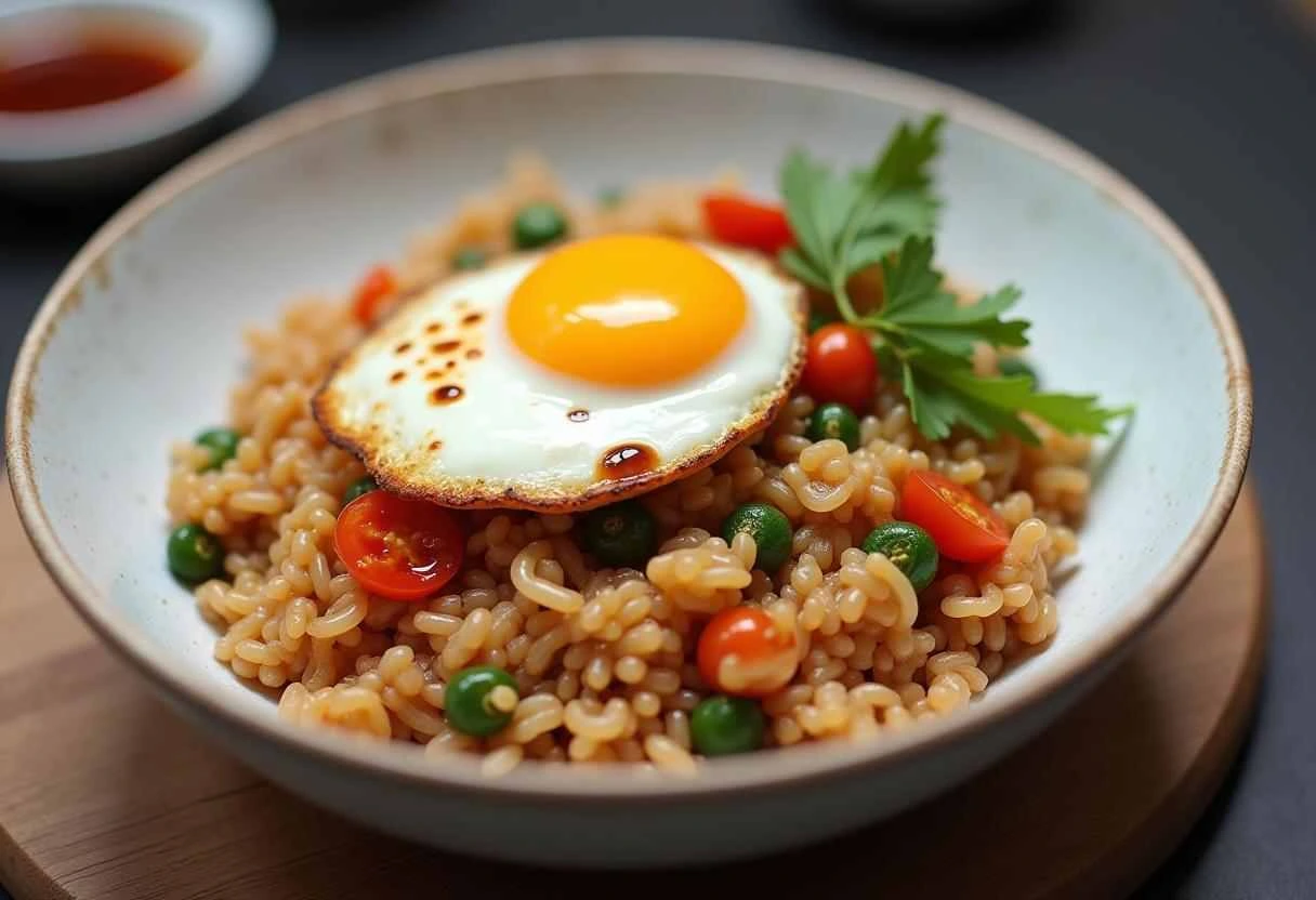 An appetizing plate of egg fried rice garnished with spring onions, served with curry and crispy papad on the side