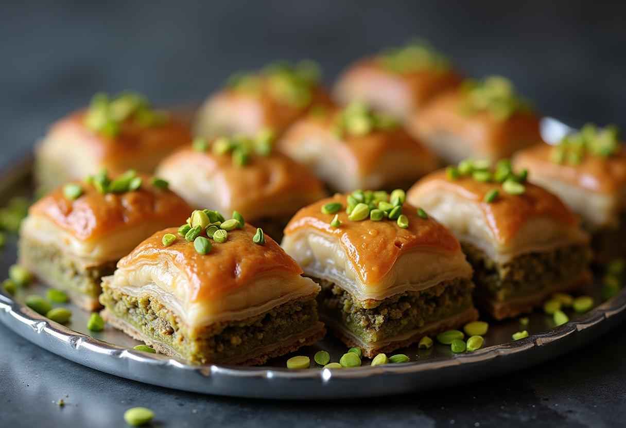 A beautifully arranged plate of traditional Iranian desserts, featuring Faloodeh, Baklava, and Shirini Keshmeshi with decorative saffron and rose petals.