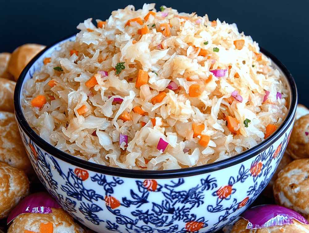 Fresh and healthy sauerkraut salad with carrots, onions, and a tangy dressing