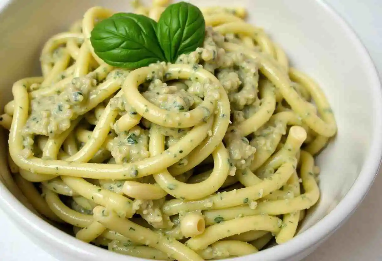 Creamy pesto Alfredo sauce served over pasta with a sprinkle of Parmesan