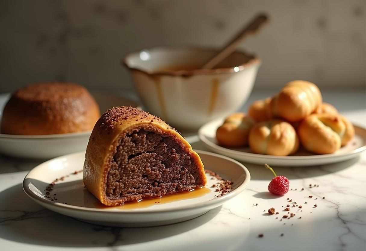 Rugelach pastry filled with chocolate and nuts on a plate.